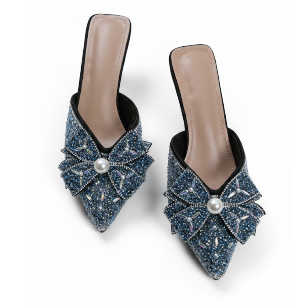 Midnight Sapphire Pearl Bow Heels