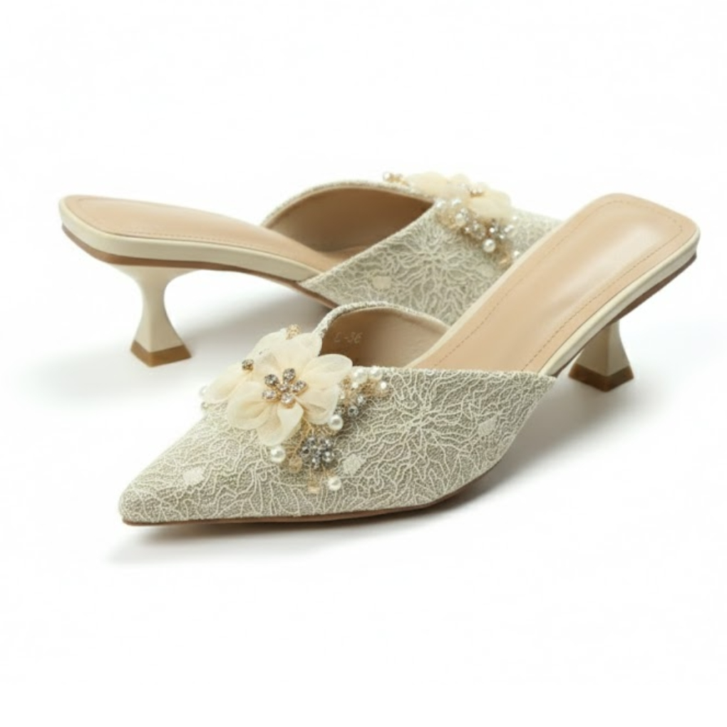 Beige Pearl & Floral Embellished Pointed-Toe Kitten Heel Pumps