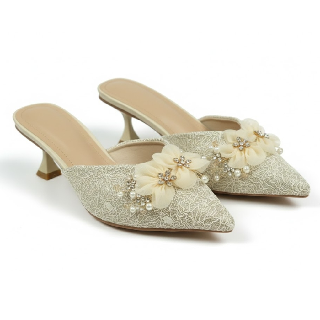 Beige Pearl & Floral Embellished Pointed-Toe Kitten Heel Pumps