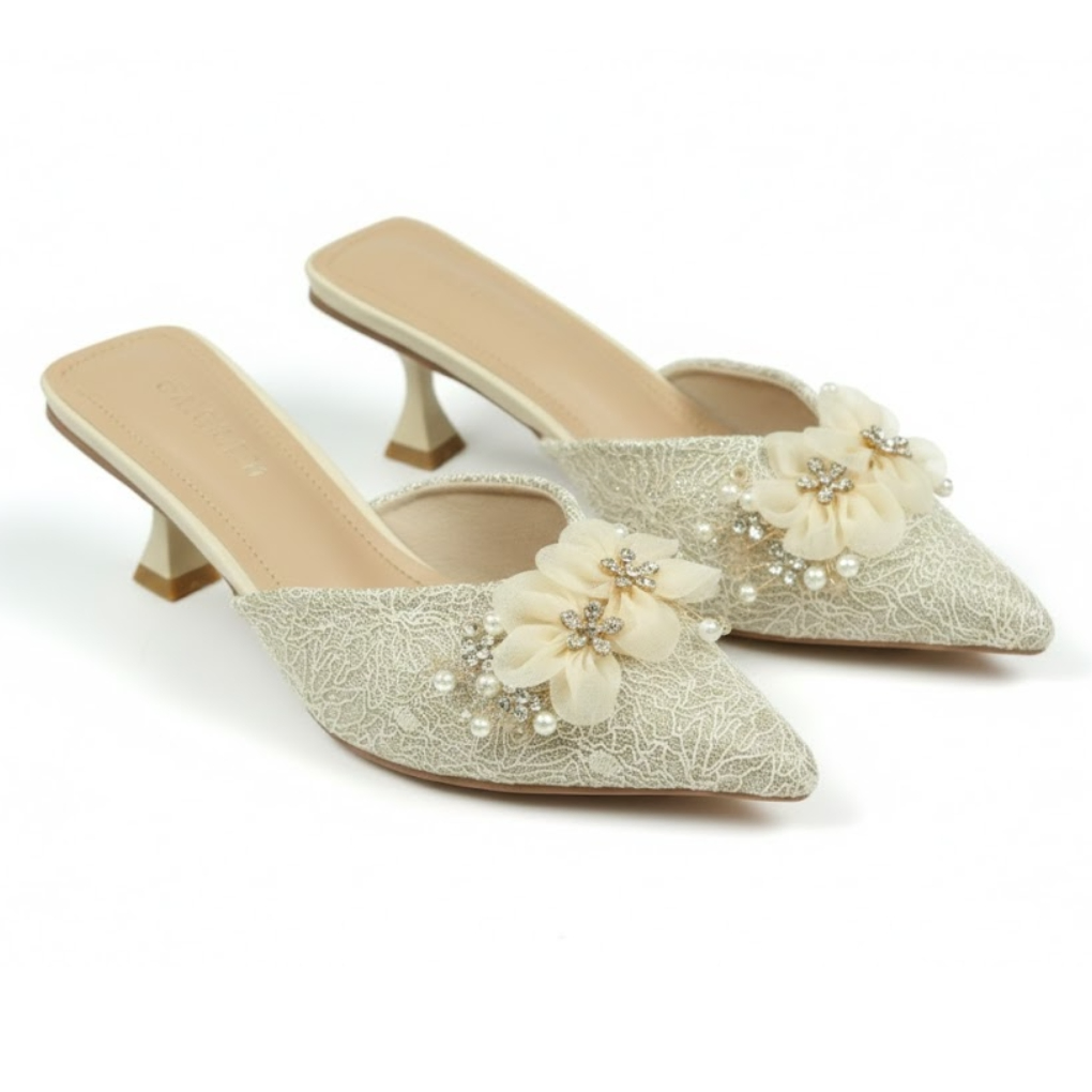 Beige Pearl & Floral Embellished Pointed-Toe Kitten Heel Pumps
