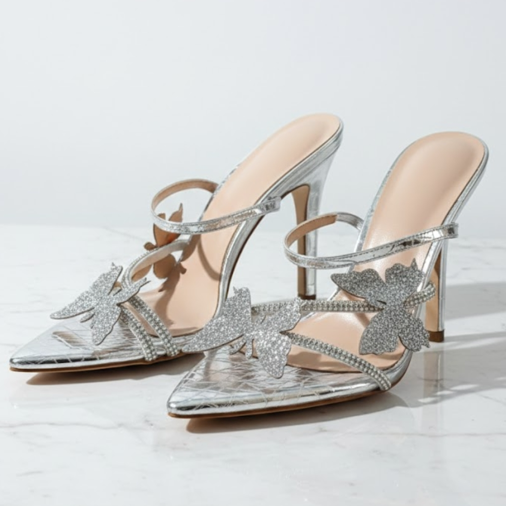 Silver Crystal Butterfly Pointed-Toe Stiletto Mule Heels