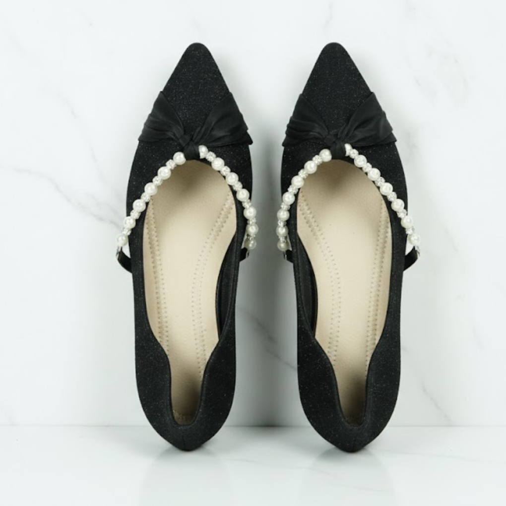 Black Pearl Bow Pointed-Toe Ballet Flats