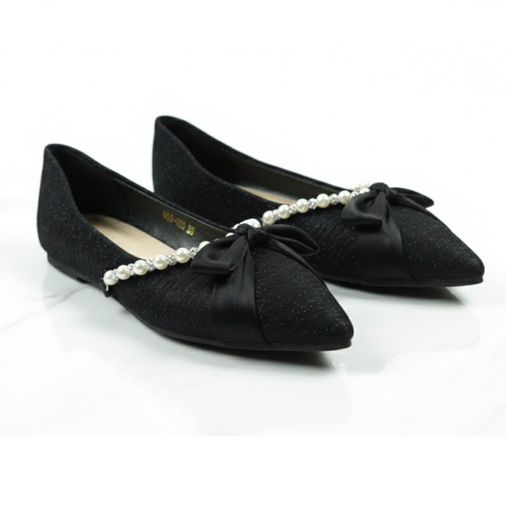 Black Pearl Bow Pointed-Toe Ballet Flats