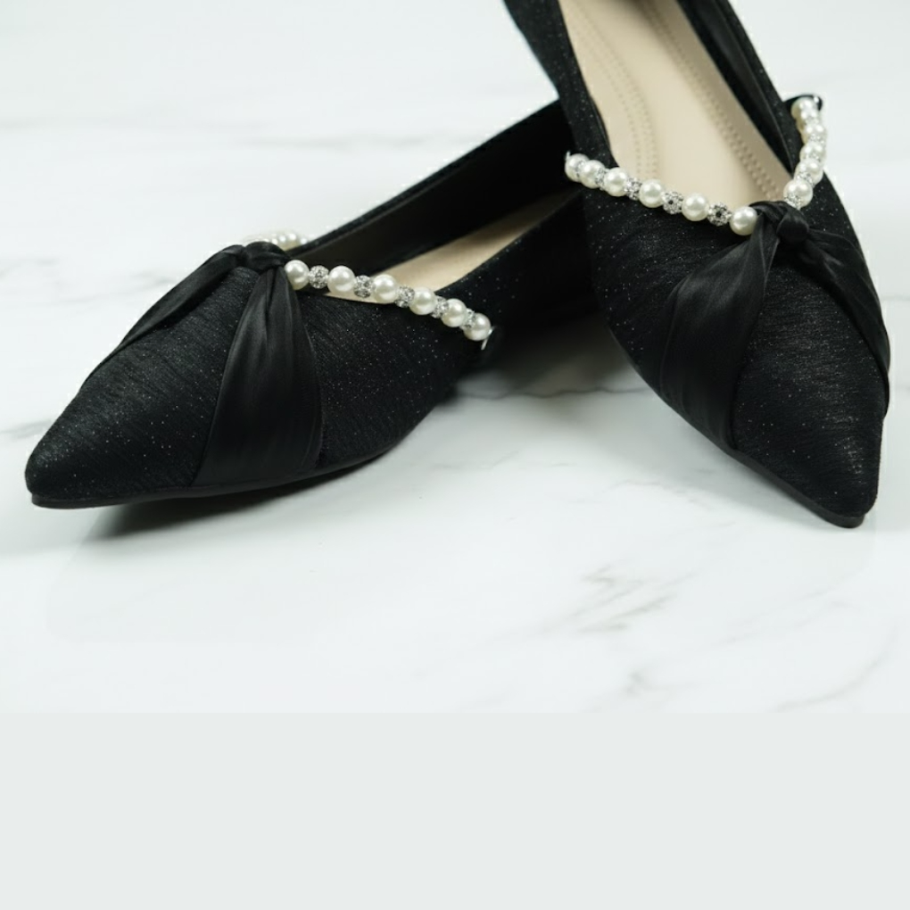 Black Pearl Bow Pointed-Toe Ballet Flats