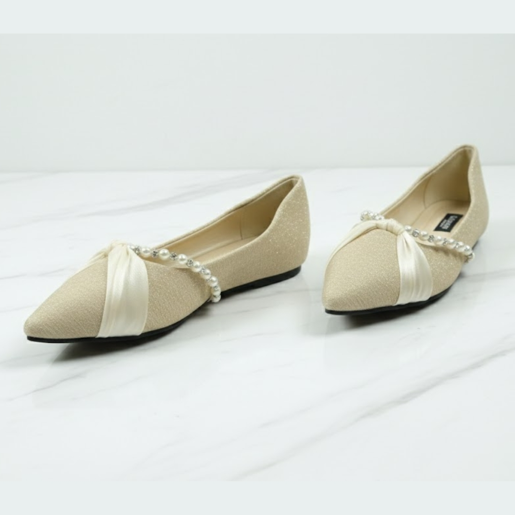 Liora Pearl Bow Pointed-Toe Flats – Beige