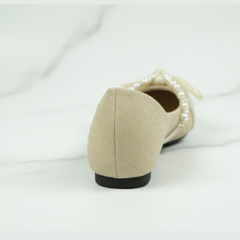 Liora Pearl Bow Pointed-Toe Flats – Beige