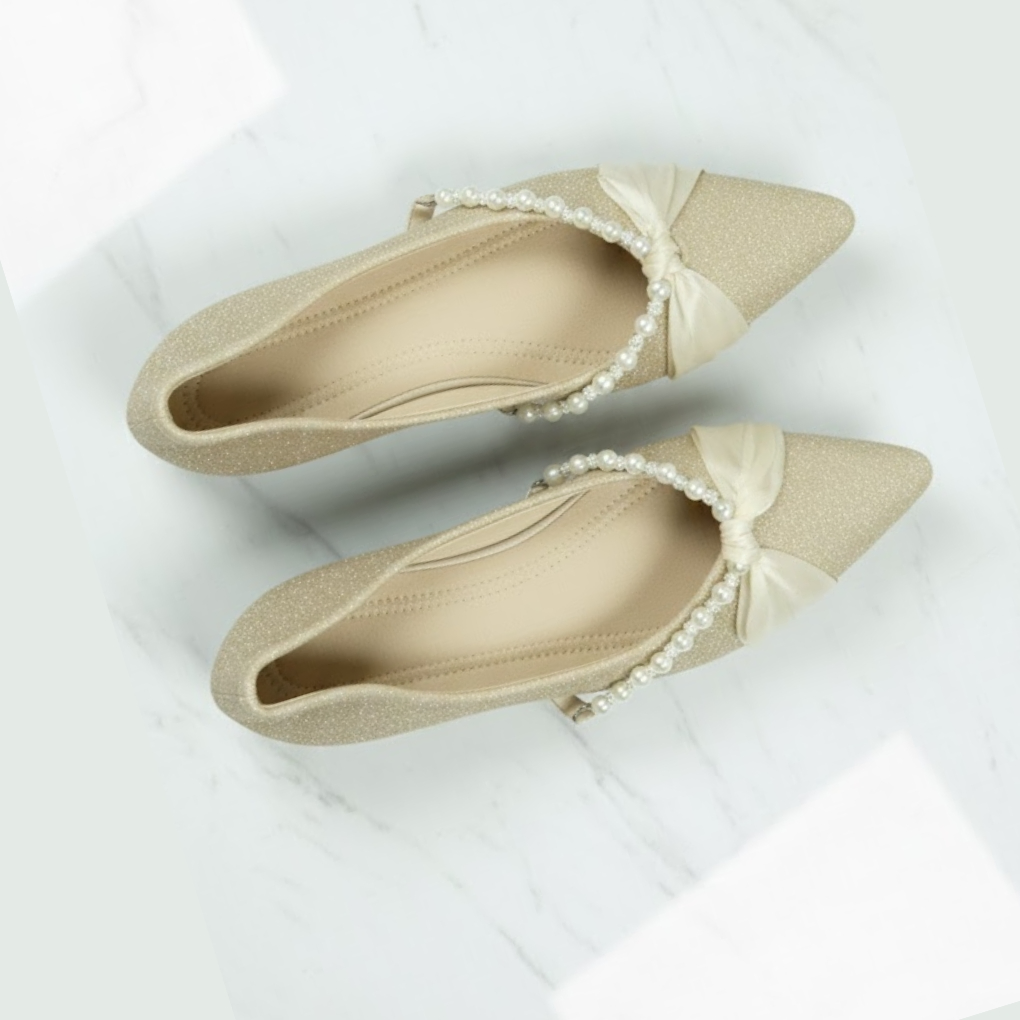 Liora Pearl Bow Pointed-Toe Flats – Beige