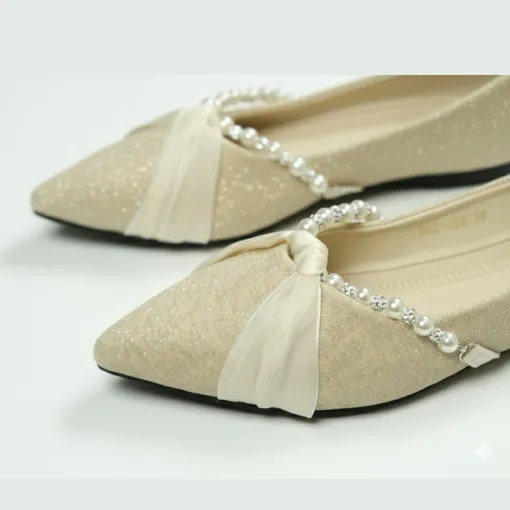 Liora Pearl Bow Pointed-Toe Flats – Beige