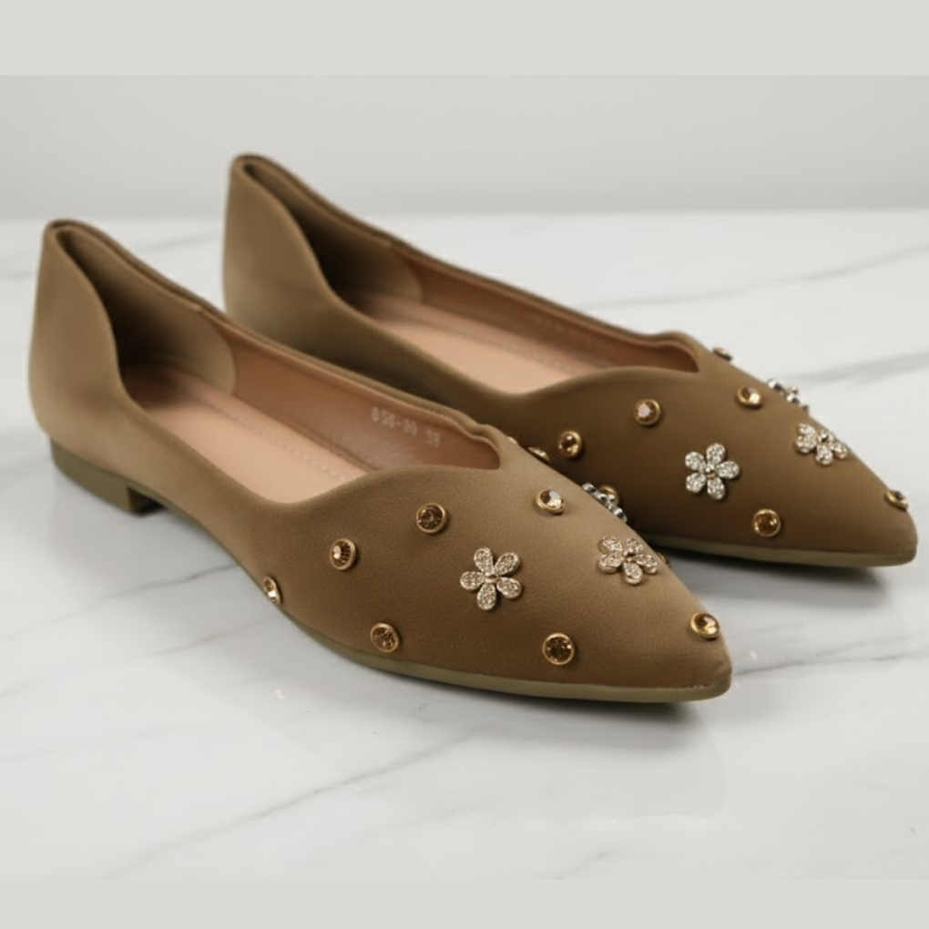 Taupe Gold-Studded Pointed-Toe Ballet Flats