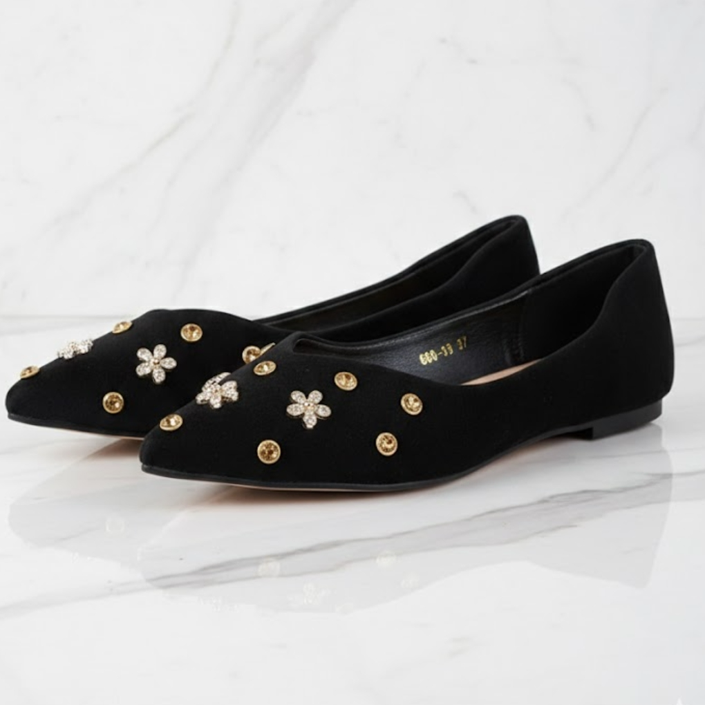 Black Gold-Studded Pointed-Toe Ballet Flats