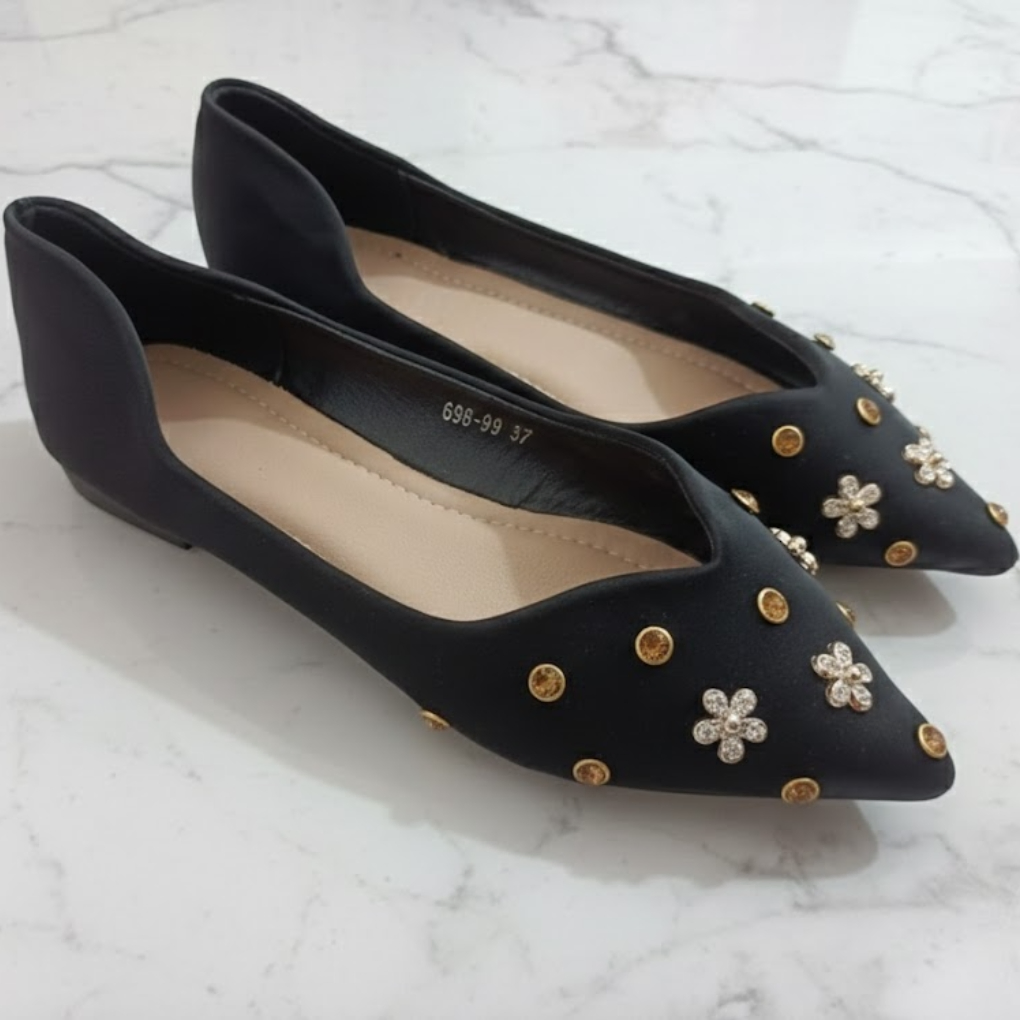 Black Gold-Studded Pointed-Toe Ballet Flats