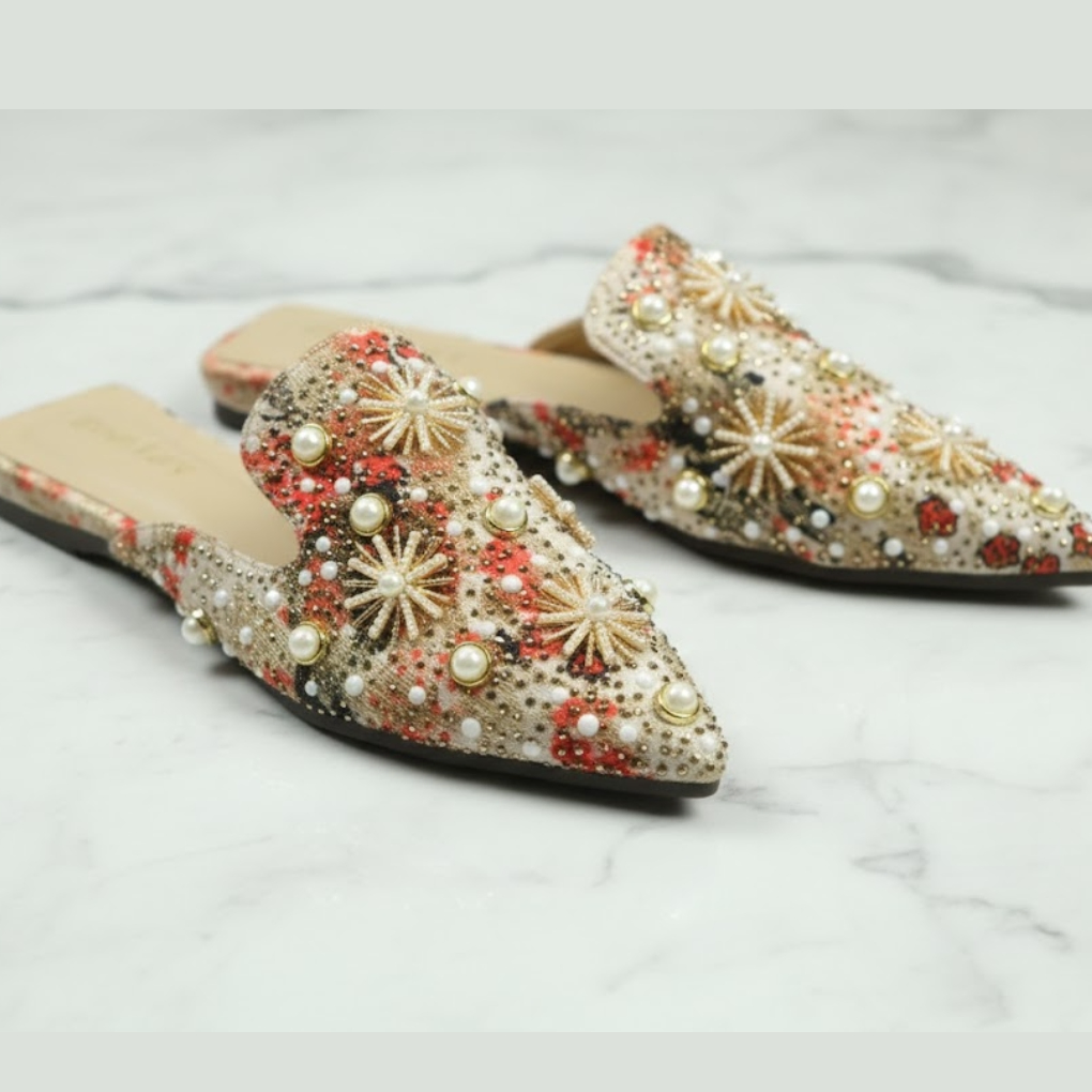 Pearl-Embellished Pointed-Toe Flat Mules – Beige