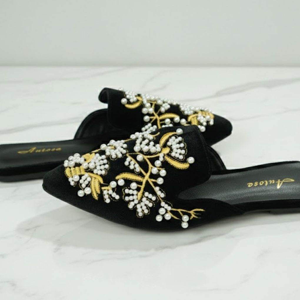 Autose Black Velvet Pearl-Embroidered Pointed-Toe Flat Mules