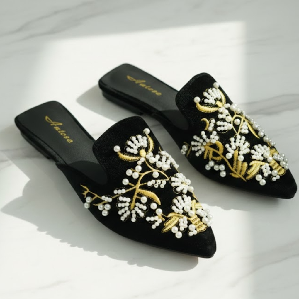 Autose Black Velvet Pearl-Embroidered Pointed-Toe Flat Mules