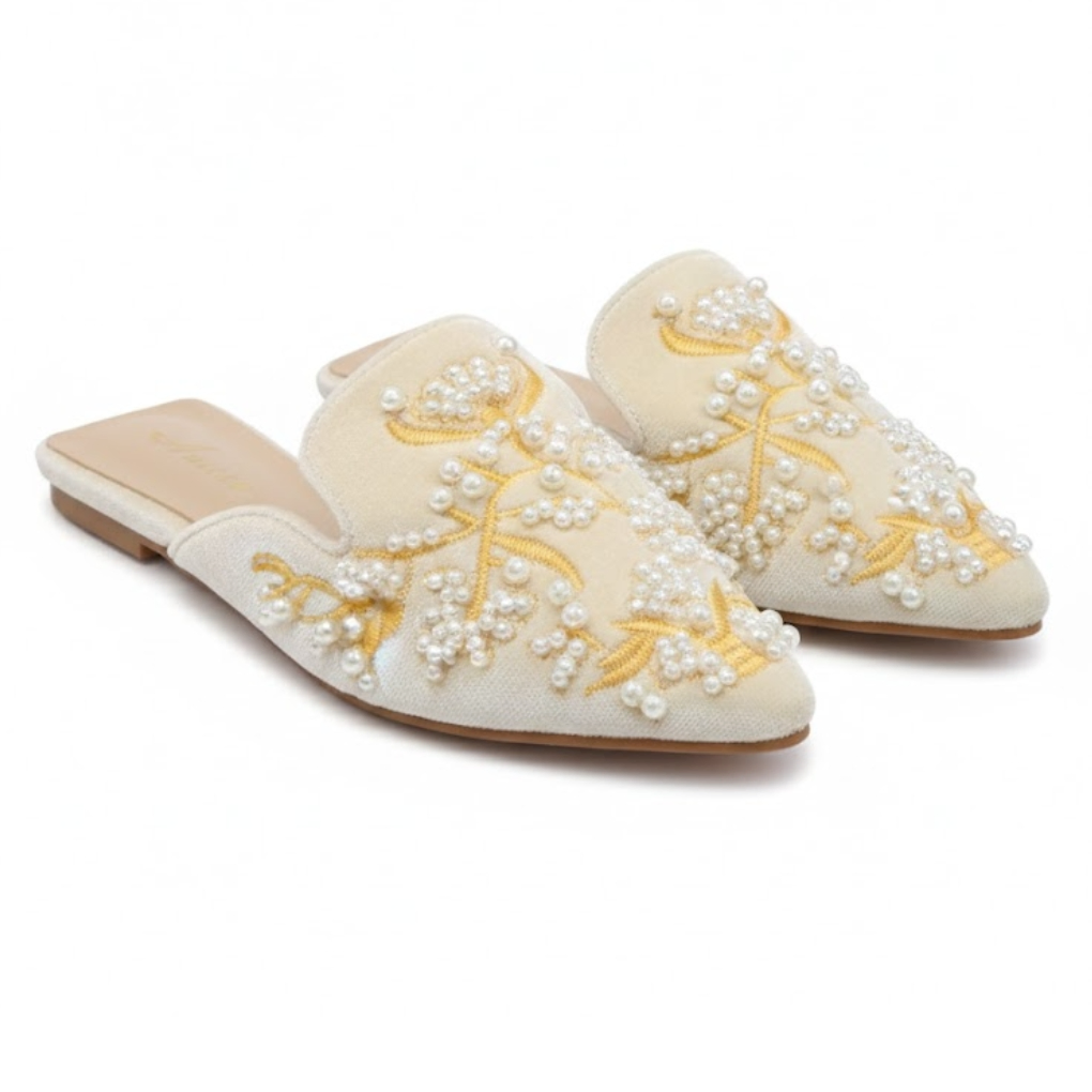 Autose Cream Velvet Pearl-Embroidered Pointed-Toe Flat Mules