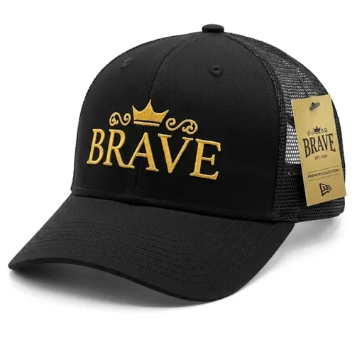 Brave Black Trucker Cap – Metallic Gold Embroidery