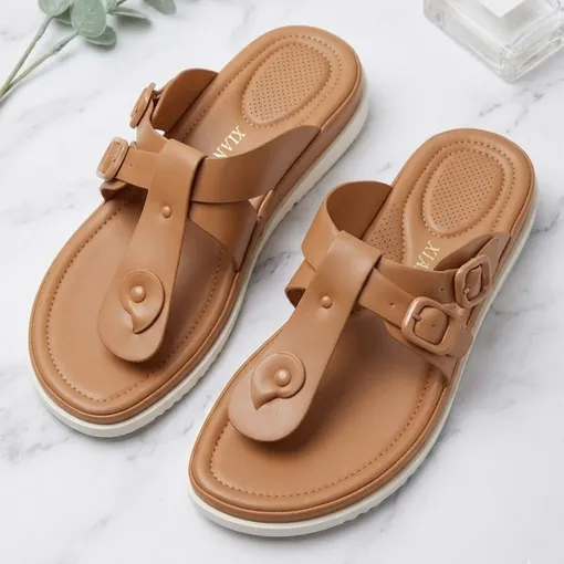 Xianglv Retro Thong Sandals – Beige PU Leather Flat Summer Shoes