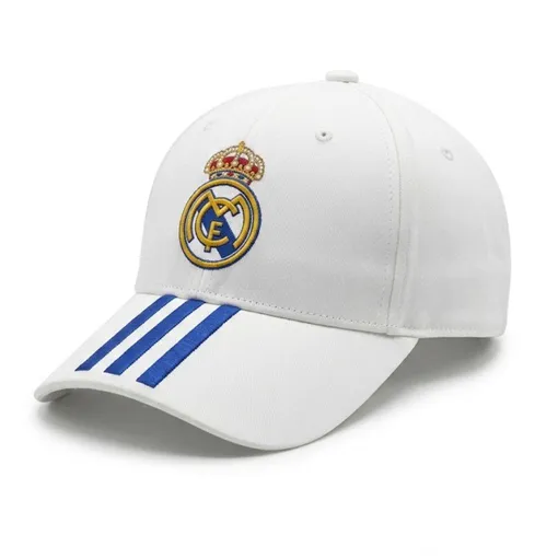 Real Madrid White Baseball Cap – Blue Stripes & Crest Edition