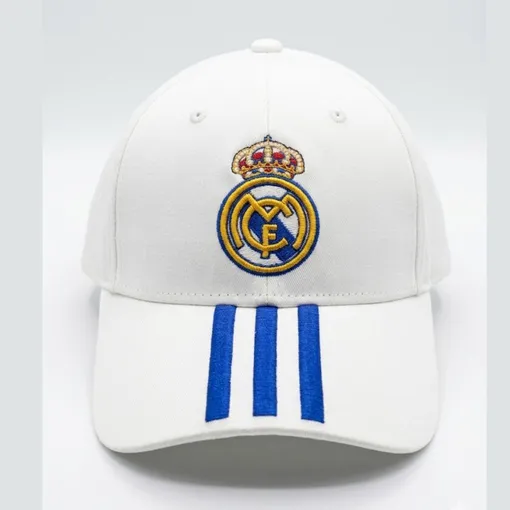 Real Madrid White Baseball Cap – Blue Stripes & Crest Edition