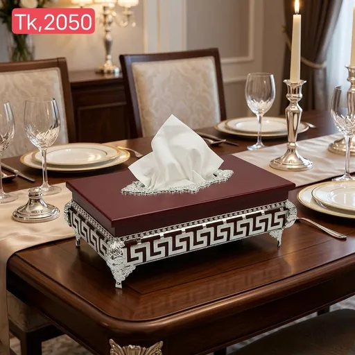Luxury Wooden Tissue Box Holder with Silver Greek Key Design | Premium Home Decor