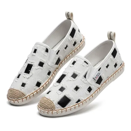 Men’s Distressed Canvas Espadrilles – Black & White Slip-Ons