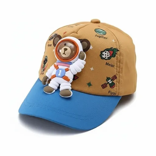 Premium AstroBuddy Kids Cap – 3D Bear Design, Light Brown & Blue (1-8 Yrs)