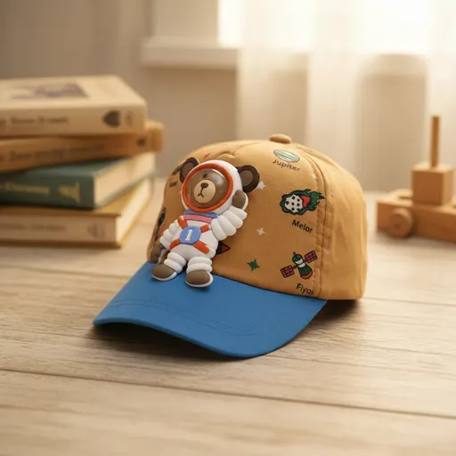 Premium AstroBuddy Kids Cap – 3D Bear Design, Light Brown & Blue (1-8 Yrs)