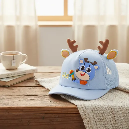 Sunny Deer 3D Cartoon Baby Cap – Blue | Kids Cap for Ages 1–4 Years