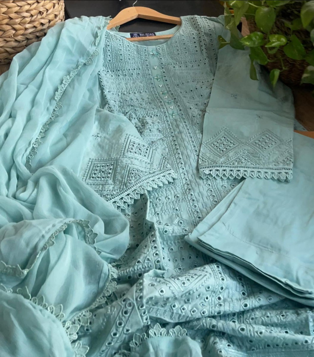 Pakistani Original Hayat’s Embroidered Stitched Cotton 3Pcs _ Mint