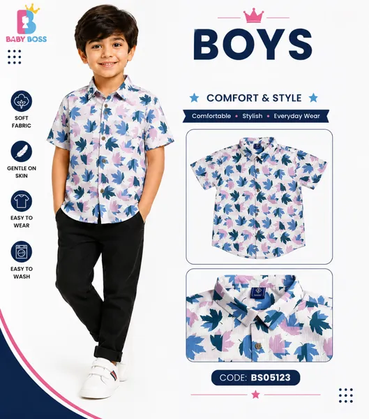 Baby Boss Boys Leaf Print Half Sleeve Shirt – White & Blue