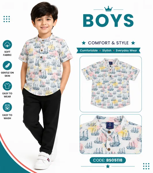 Baby Boss Boys Printed Half Sleeve Casual Shirt – White Transport Print
