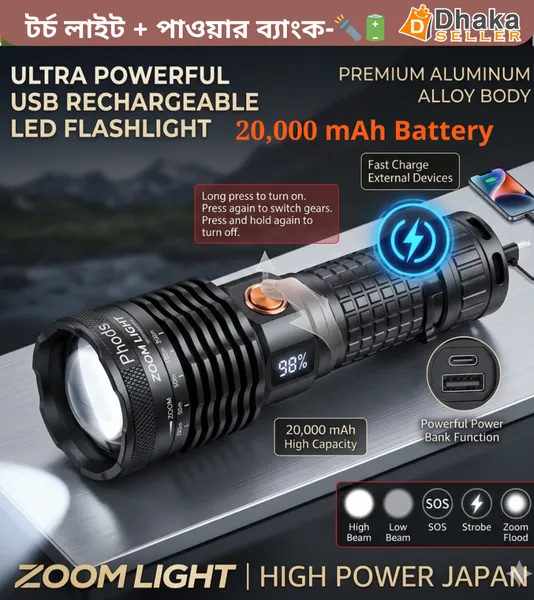 High Power Flashlight –20,000 mAh Rechargeable Powerbank