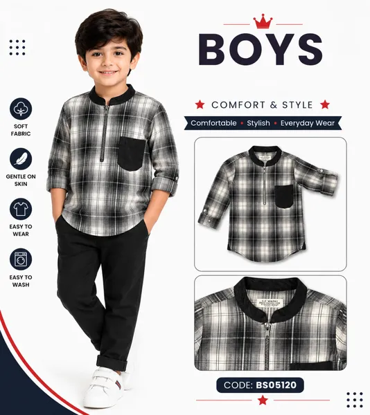 Boys White Printed Mandarin Collar Short Sleeve Shirt