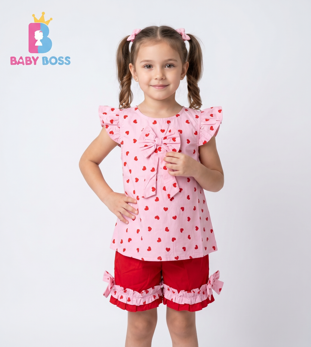 Sweet Girl's Heart Print Top & Red Ruffle Shorts Set