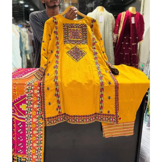 Pakistani Rangoon Stitched Cotton 3pcs _ Mustard Yellow