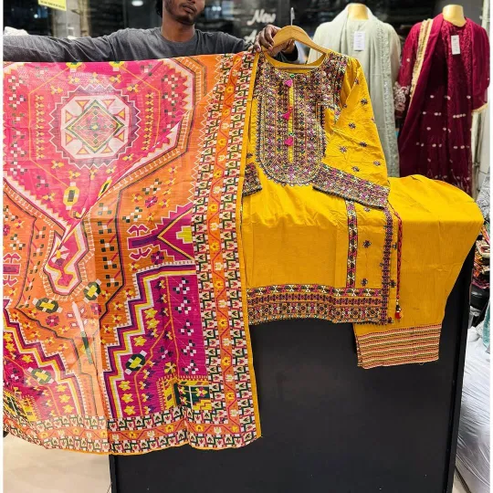 Pakistani Rangoon Stitched Cotton 3pcs _ Mustard Yellow