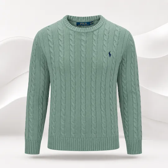 Cable-Knit Quarter-Round High Neck Ocean Green