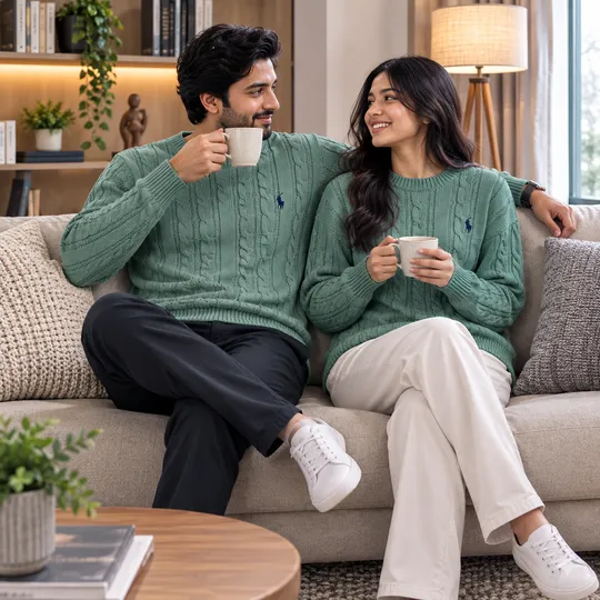 Cable-Knit Quarter-Round High Neck Ocean Green