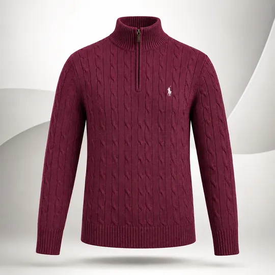 Cable-Knit Quarter-Zip High Neck Maroon