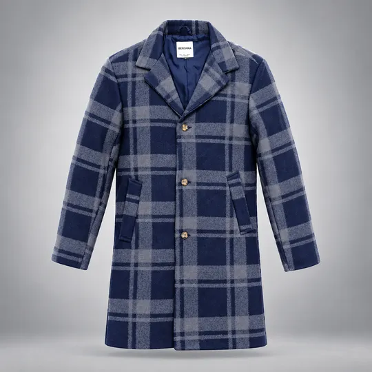 Men Premium Long Coat Navy Blue Plaid