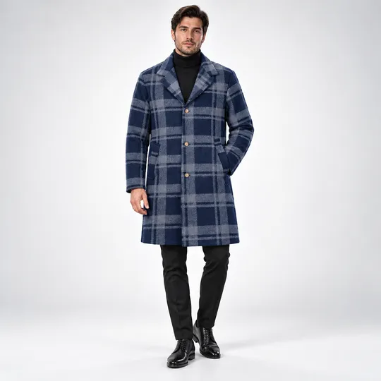 Men Premium Long Coat Navy Blue Plaid