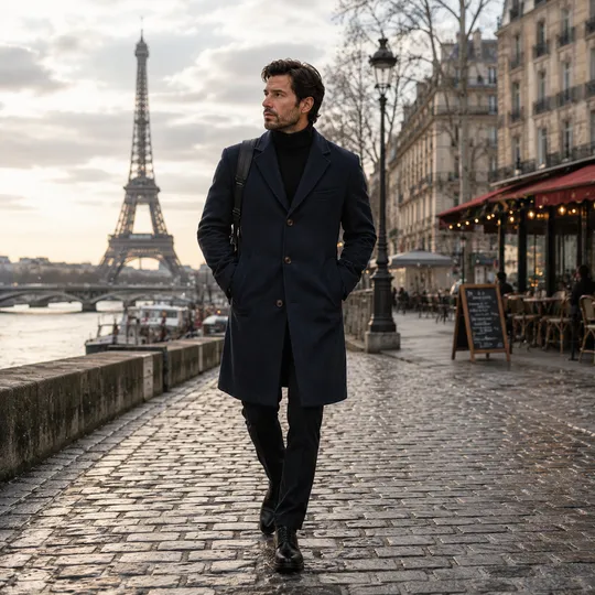 Men Premium Long Coat Navy Blue
