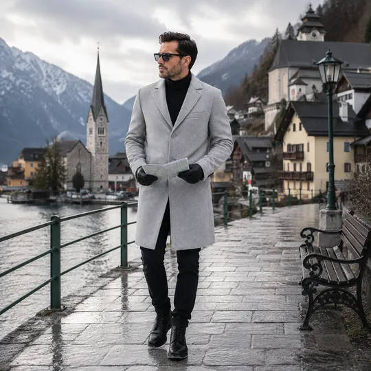 Men Premium Long Coat Light Ash