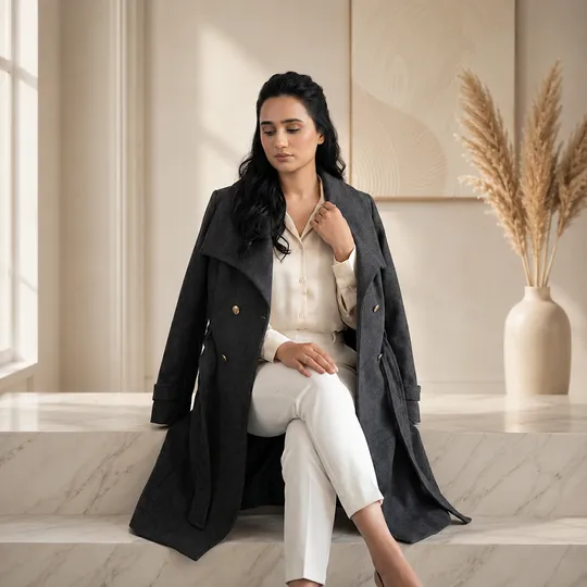 Women New Premium Long Coat Dark Black 