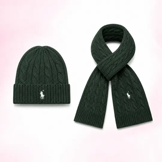   Ralph Lauren Winter Beanie Muffler Combo Set Dark Green