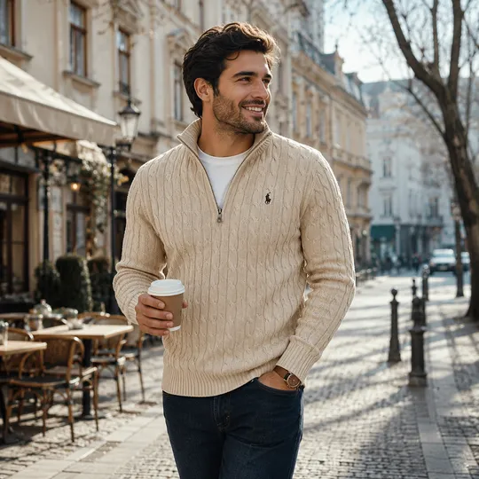 Cable-Knit Quarter-Zip High Neck Cream