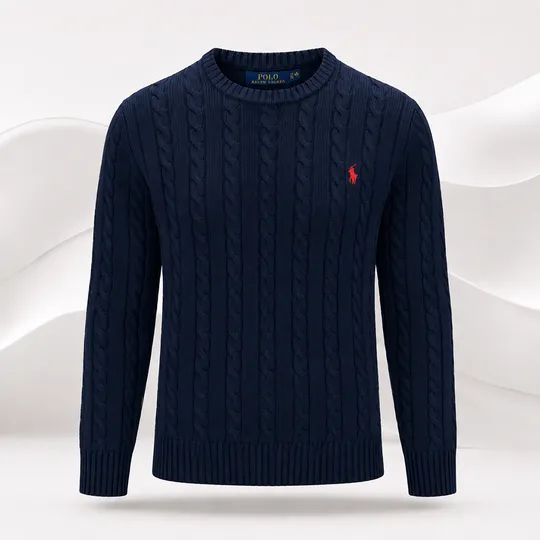 Cable-Knit Quarter-Round High Neck Navy Blue