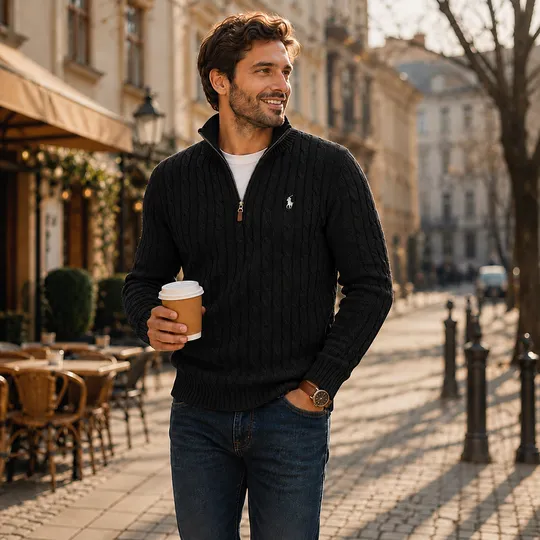 Cable-Knit Quarter-Zip High Neck Black