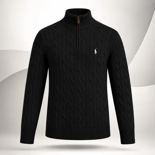 Cable-Knit Quarter-Zip High Neck Black