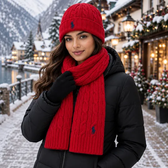 Ralph Lauren Winter Beanie Muffler Combo Set Red